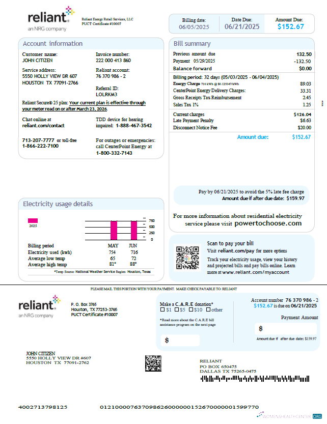 download USA Reliant Energy utility bill template in Word and PDF formats, version 3 PDF template